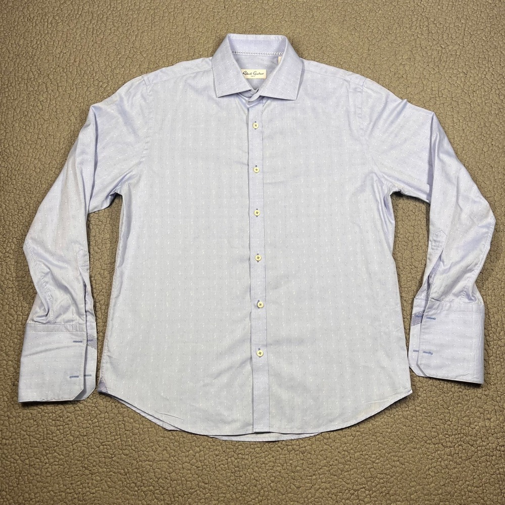 Robert Graham Mens Blue Herringbone Dress Shirt 16.5 42 Flip Cuff Cotton